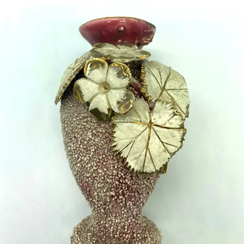 Vintage Sand Majolica Vase‎ Pink Amphora Applied Flowers barbotine gilded